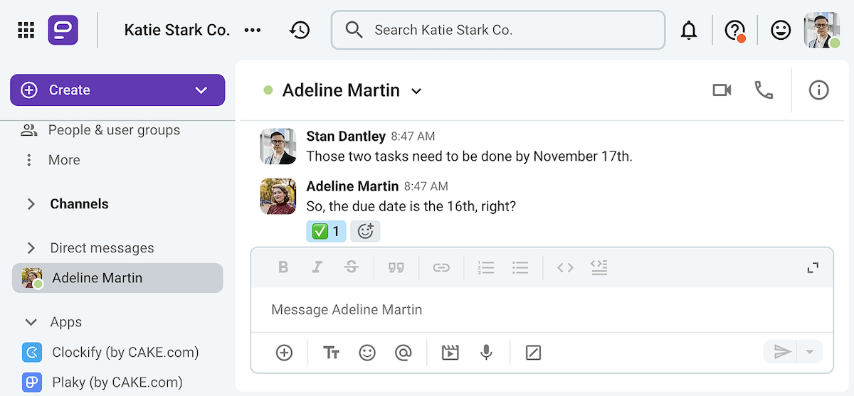 An example of paraphrasing on Pumble, a team communication app 