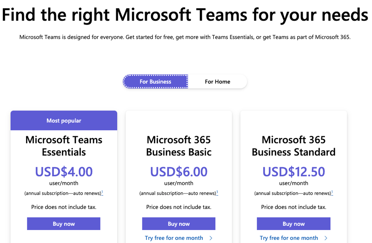 An overview of Microsoft Teams' pricing plans