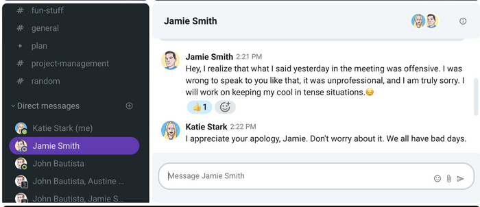 Apologizing soon after the incident (Pumble business messaging app)