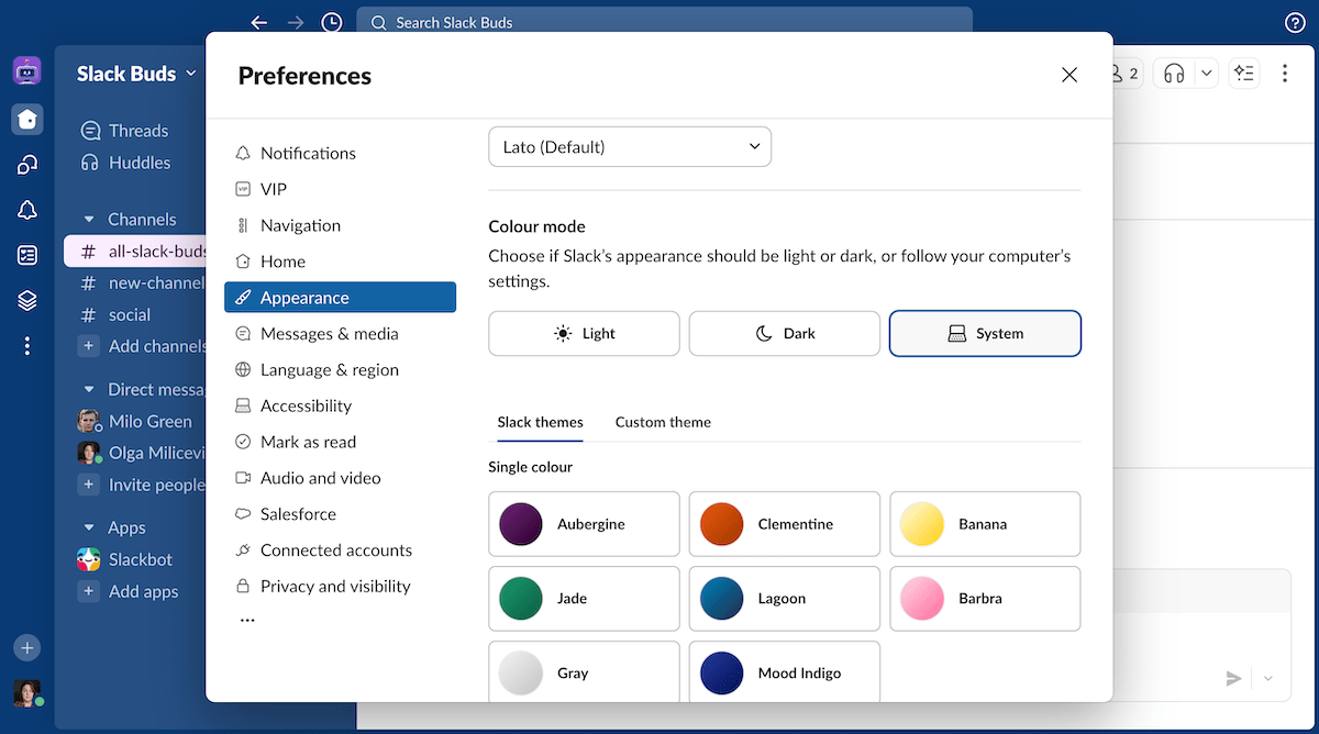 Appearance preferences in Slack
