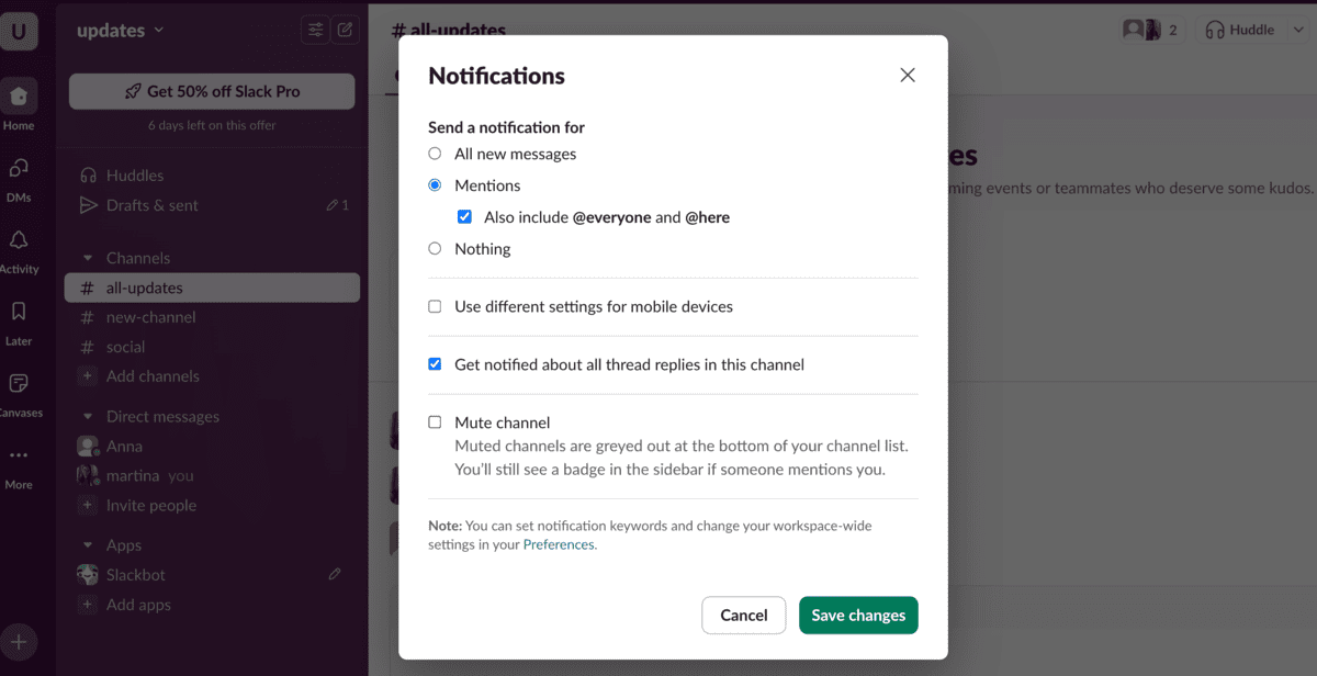 Change notification preferences in Slack