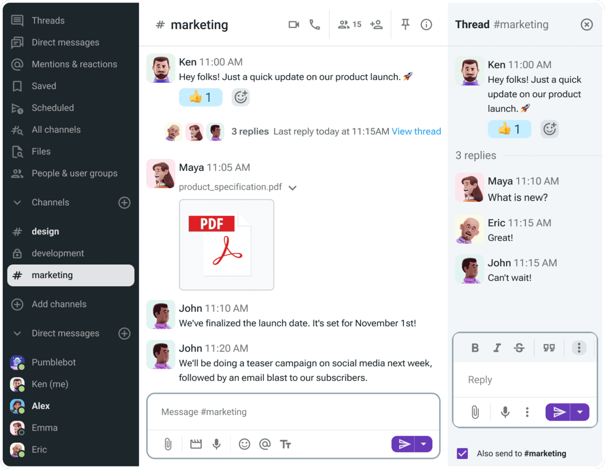 Channels, threads, DMs, and file sharing in Pumble