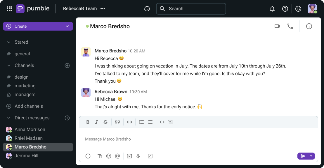 A polite closing line in Pumble, a team communication app