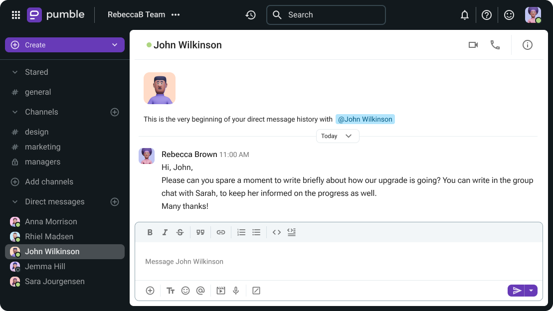 An example of asking for an update from employees via Pumble, a business communication app