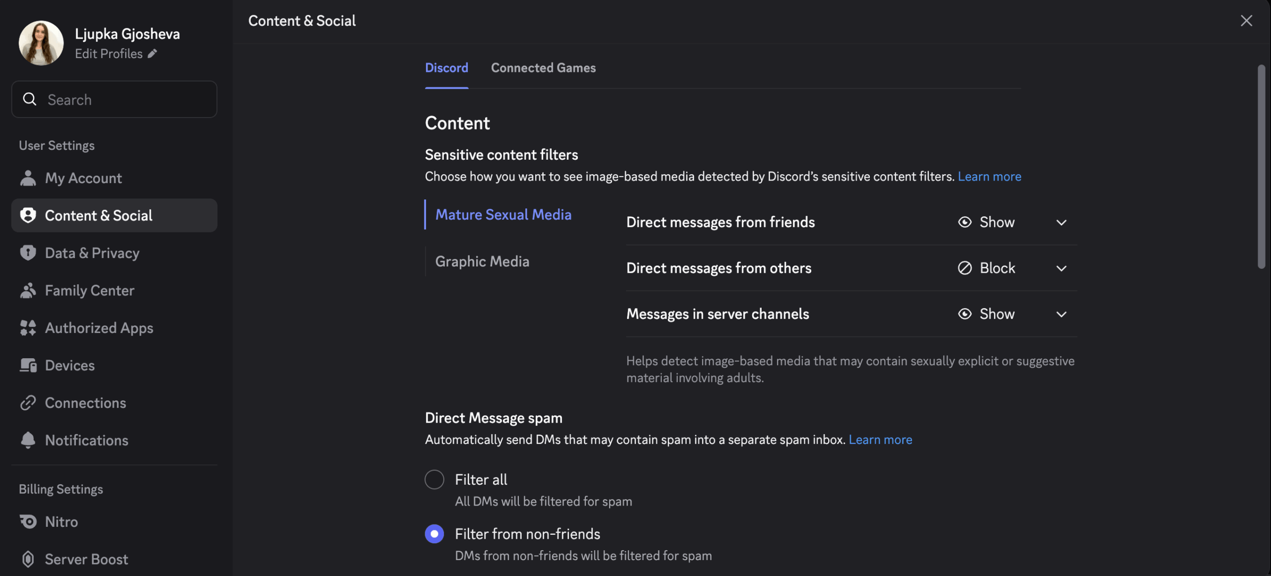 Content & Social settings in Discord