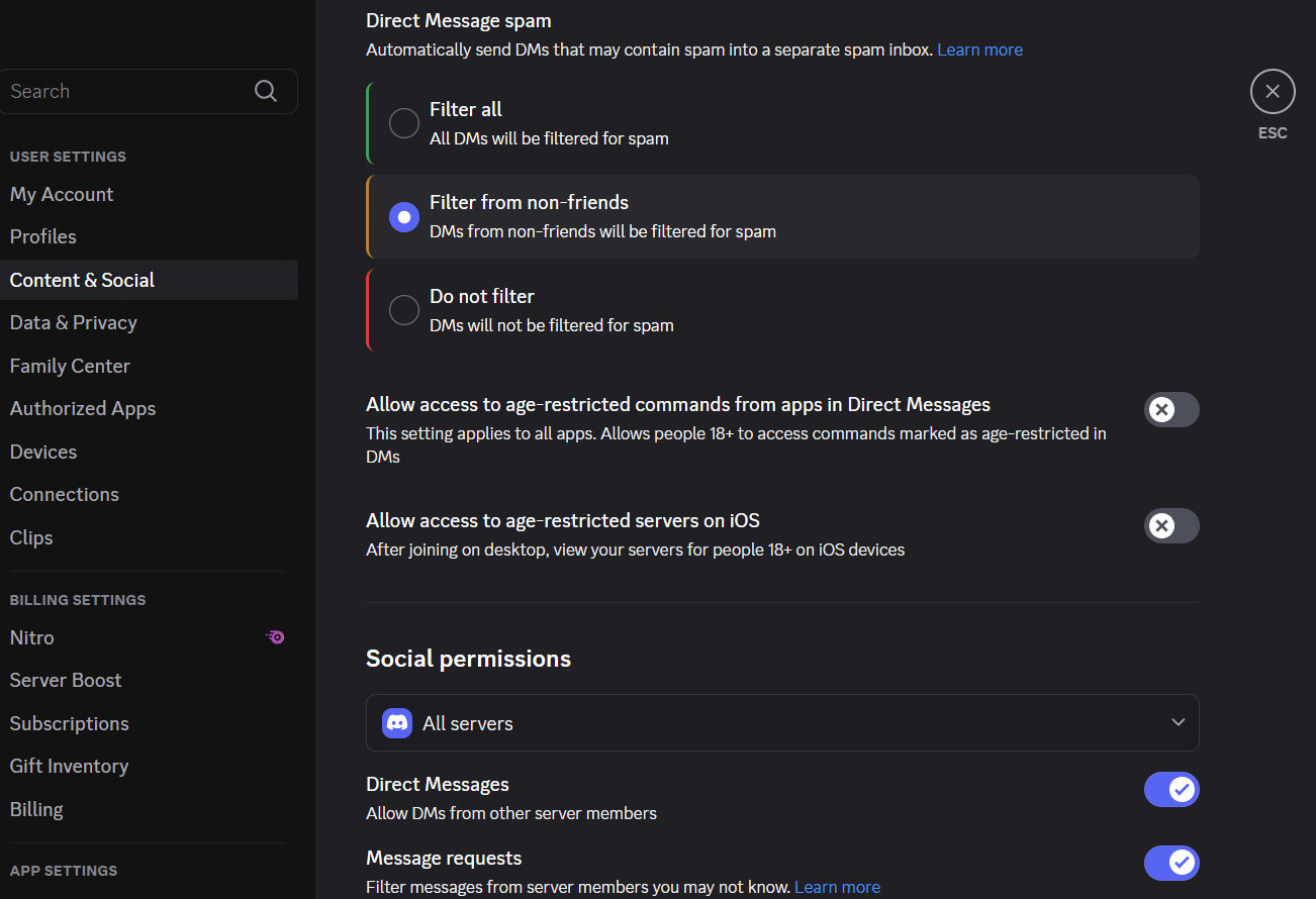 Content & Social settings in Discord