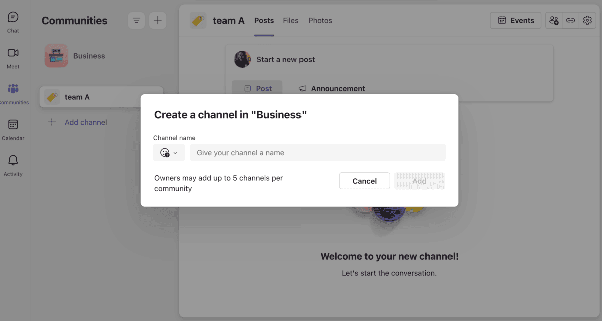 Creating a channel in Microsoft Teams