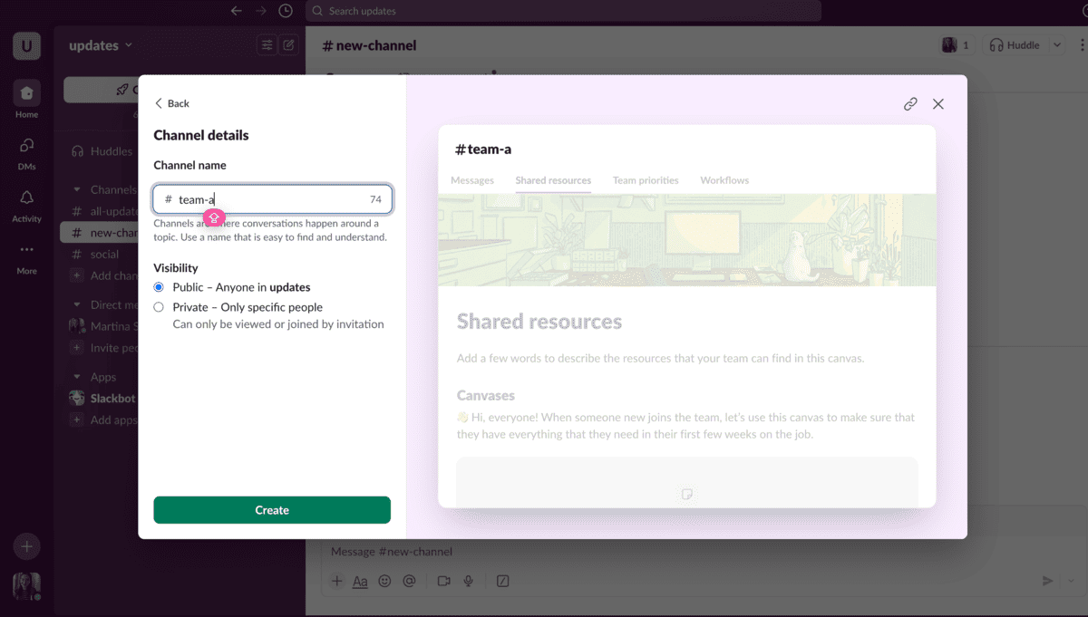 Creating a channel in Slack