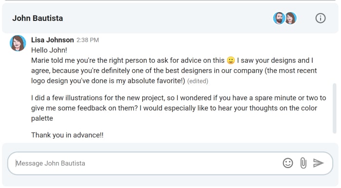 Example of acknowledging someone’s expertise when asking for a favor on Pumble, a team messaging app