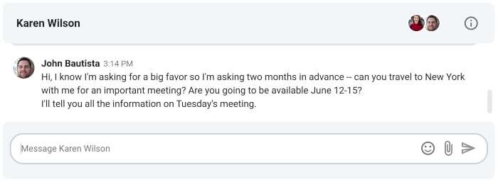 Example of asking for a favor in advance on Pumble, a team messaging app