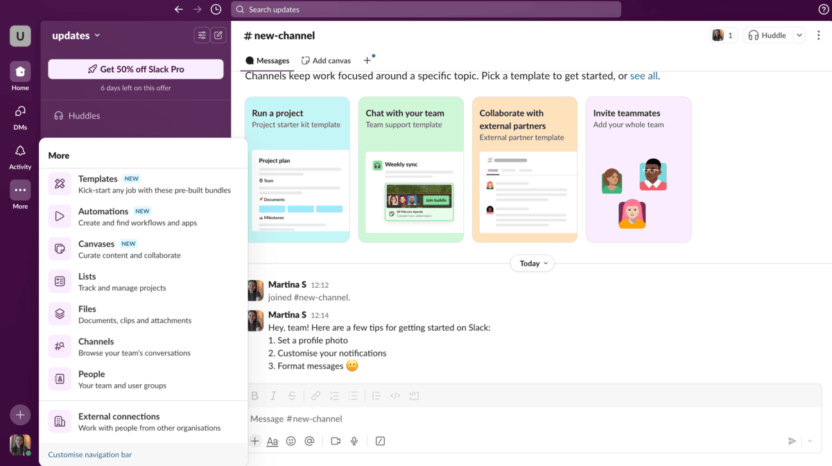 Explore the navigation bar in Slack