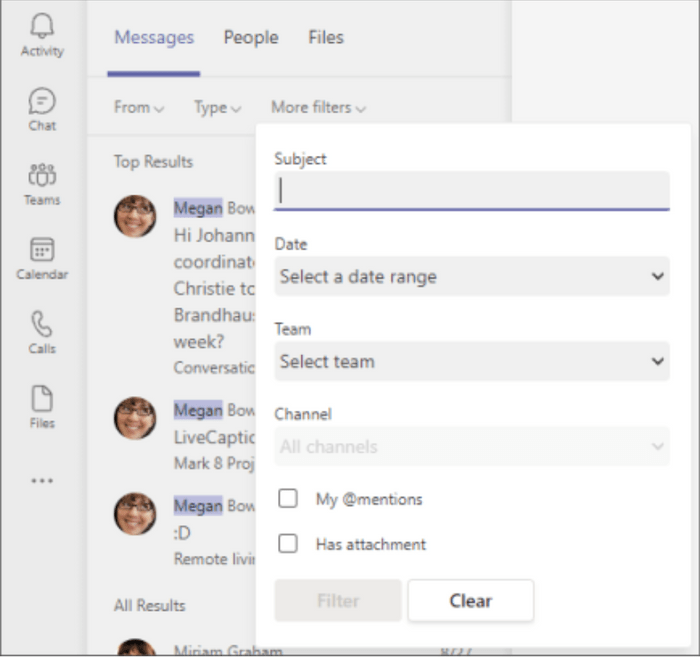 Filtered search in Microsoft Teams