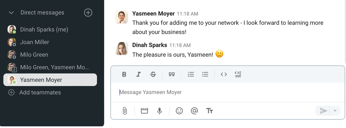 Saying "Thank you" for a new connection in the team collaboration app, Pumble