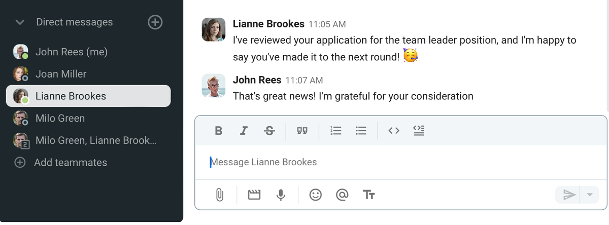 Giving thanks for consideration in the team communication app Pumble