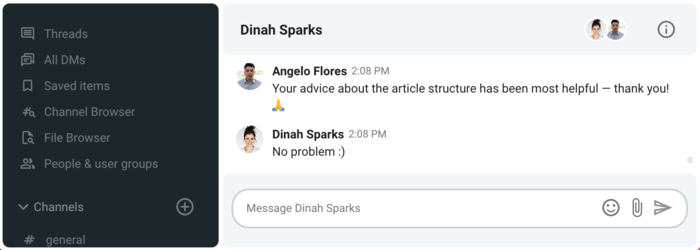 Giving thanks for someone’s advice in the business messaging app Pumble