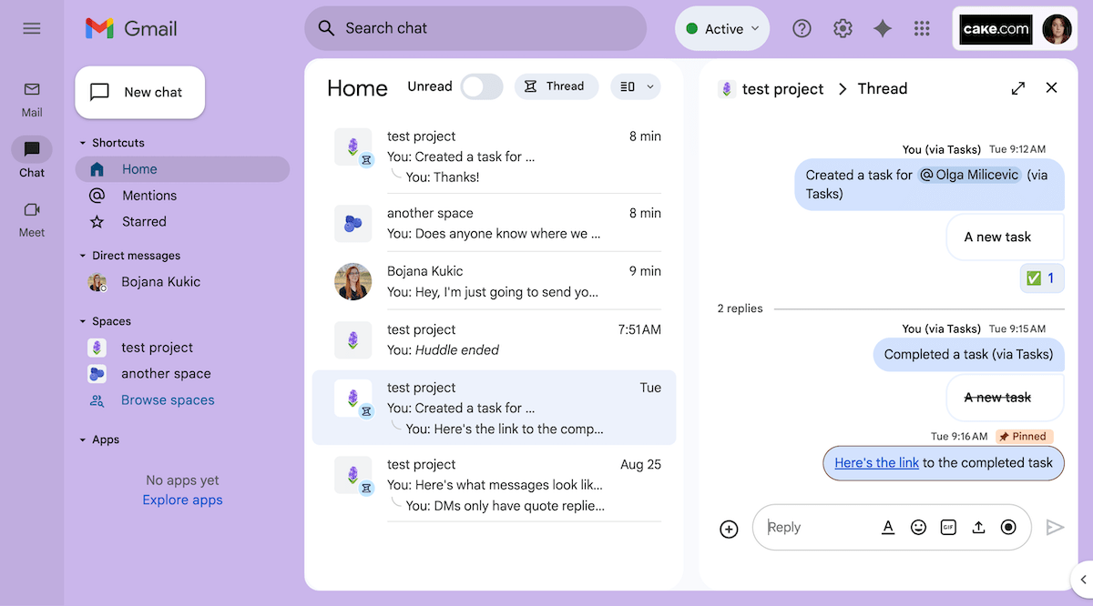 Home page and a task thread in Google Chat