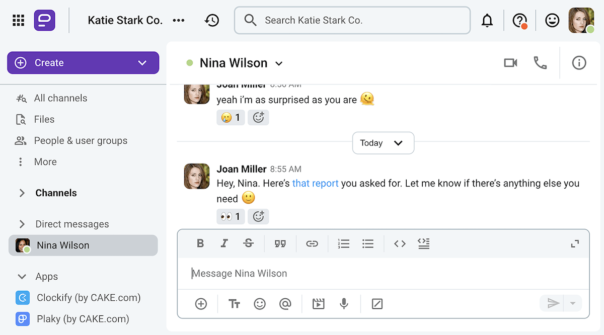 Joan’s new message to Nina on Pumble, a team communication app, seems more formal than her previous one, which may point to a shift in her mood