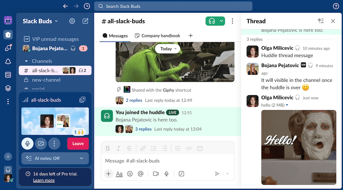 Messages, gifs, and huddle threads in Slack