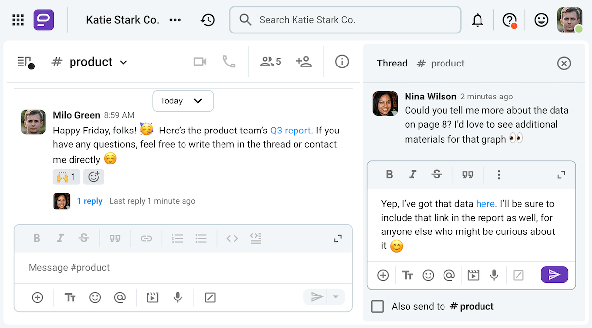 Milo invites questions in threads or DMs on Pumble, a team communication app