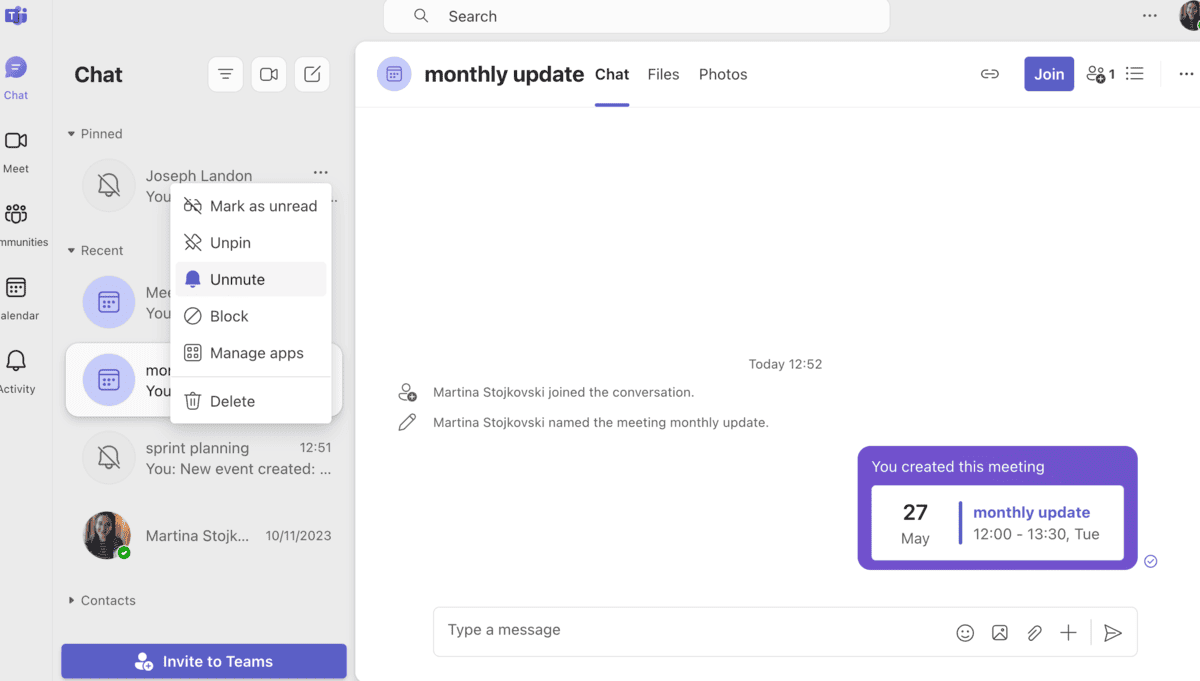 Mute a conversation in Microsoft Teams