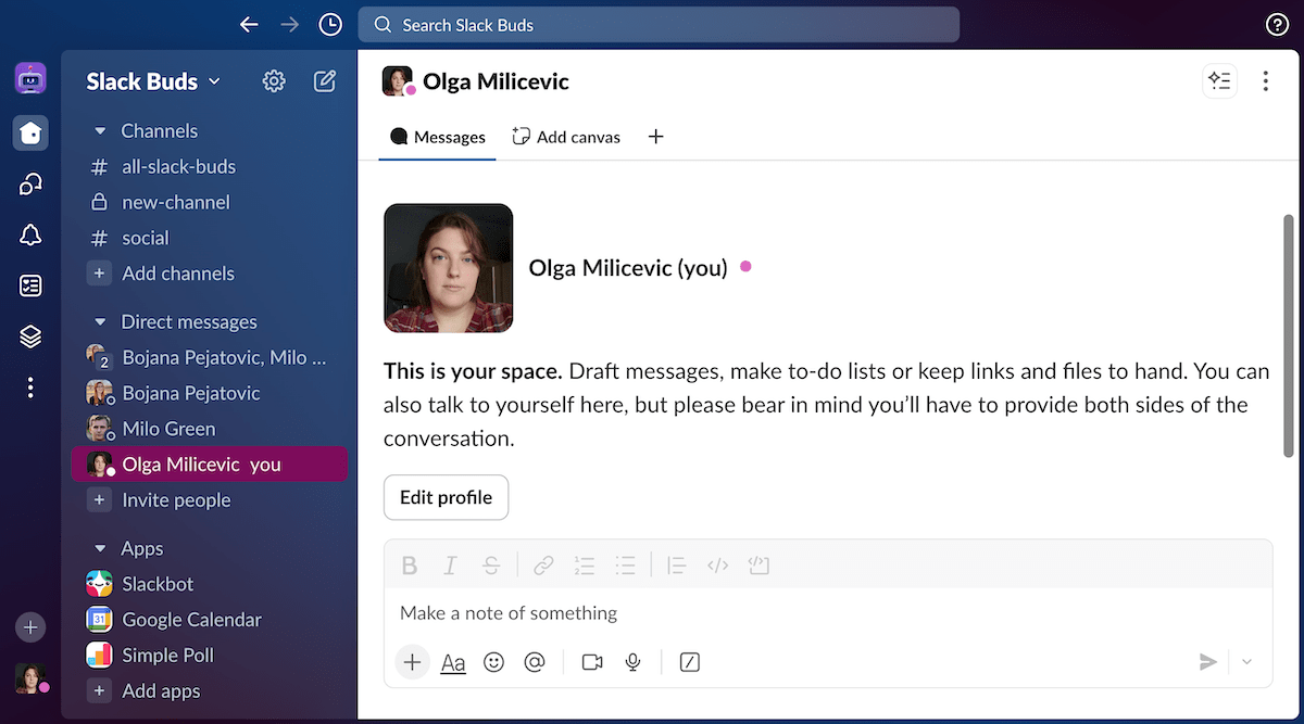 My space in Slack