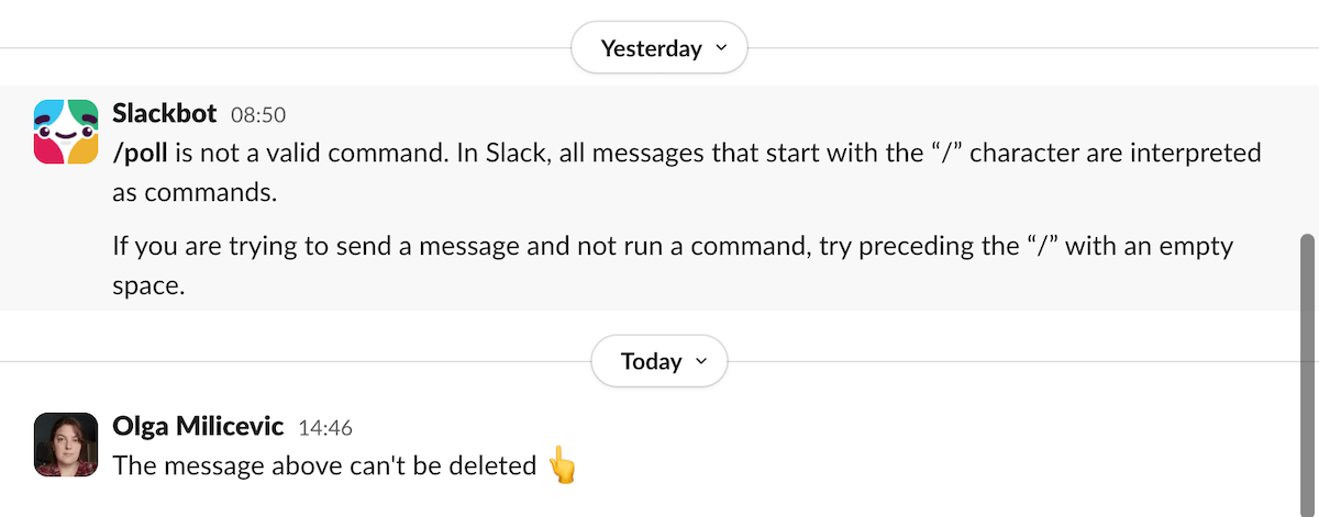 Note the lack of the 3-dot menu at the end of Slackbot’s message