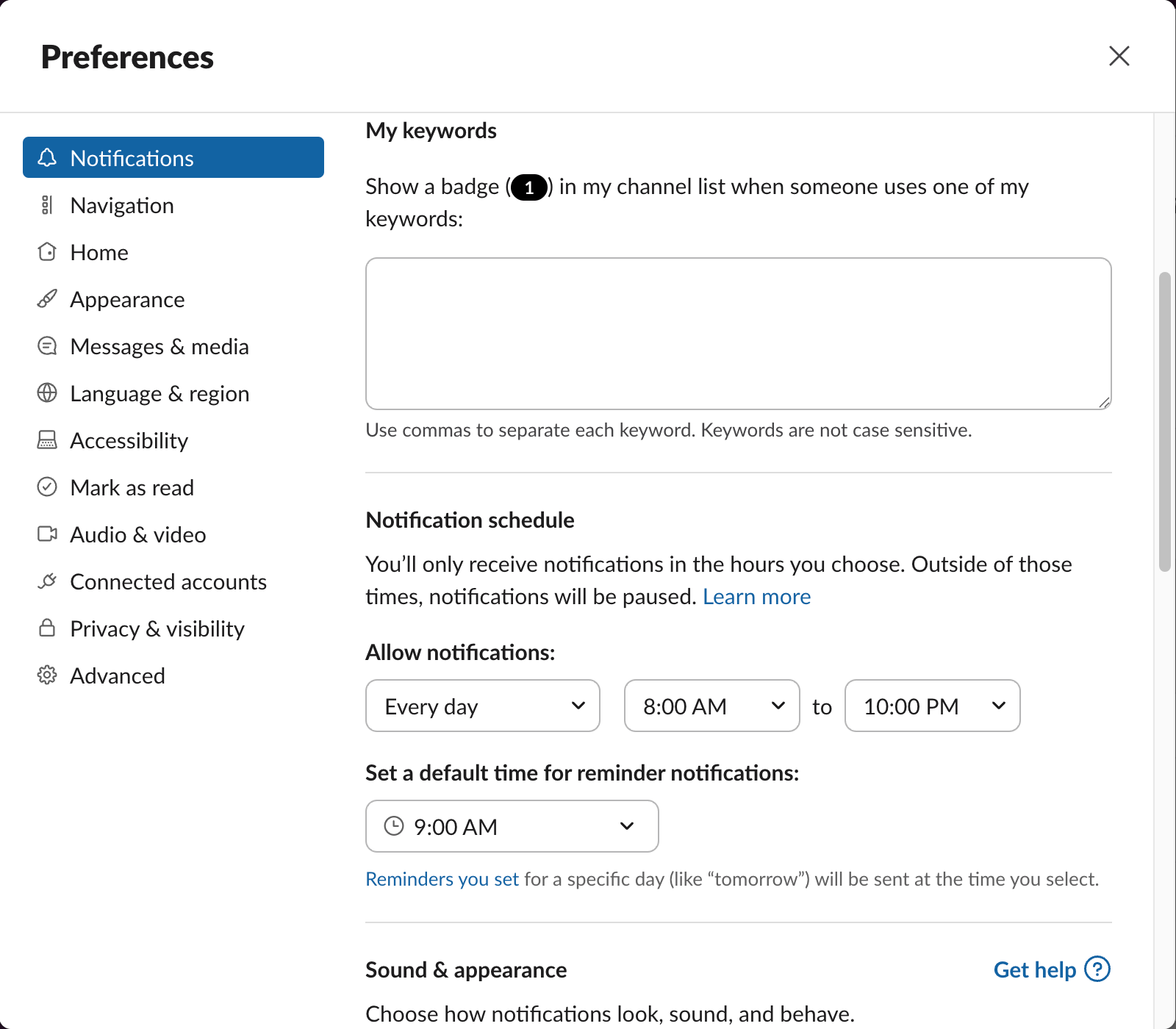 Some notification settings in Slack