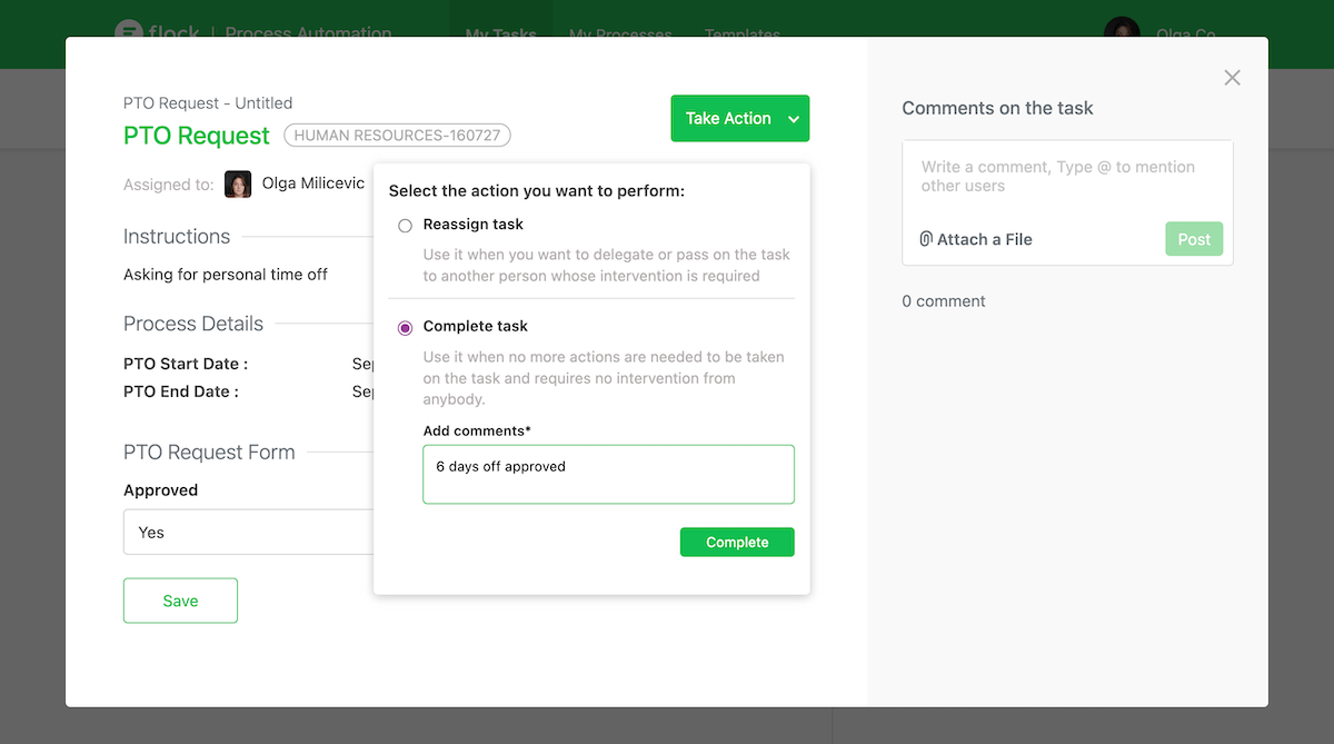 PTO request process in Flock