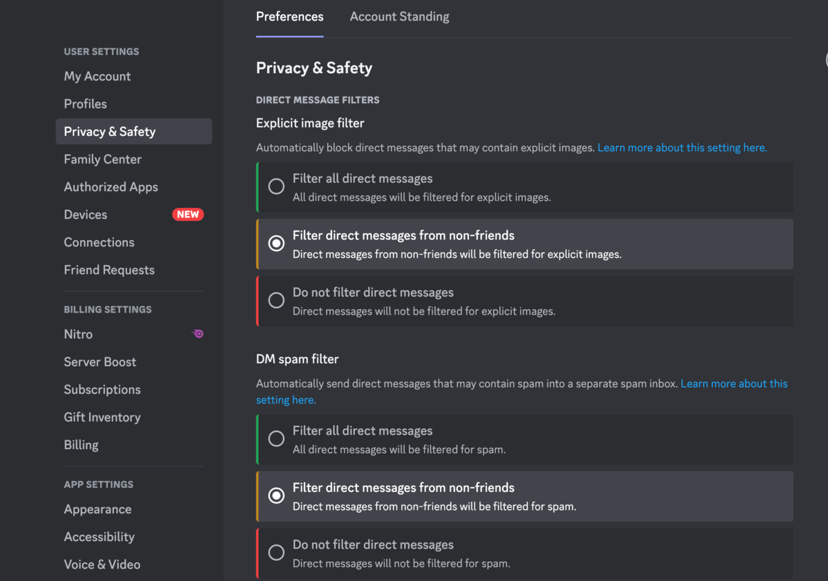 Privacy & Safety settings in Discord