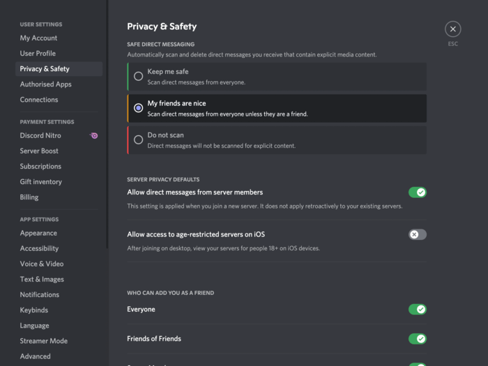 Privacy & Safety settings in Discord
