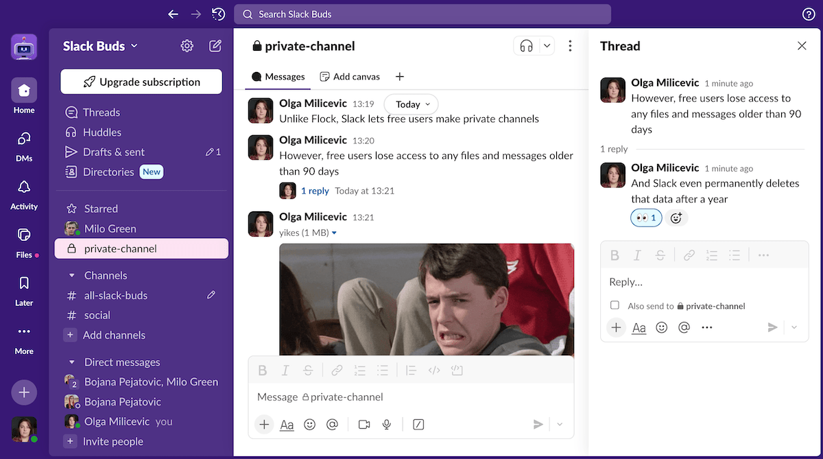 Private channels, messages, thread replies, and emoji reactions in Slack