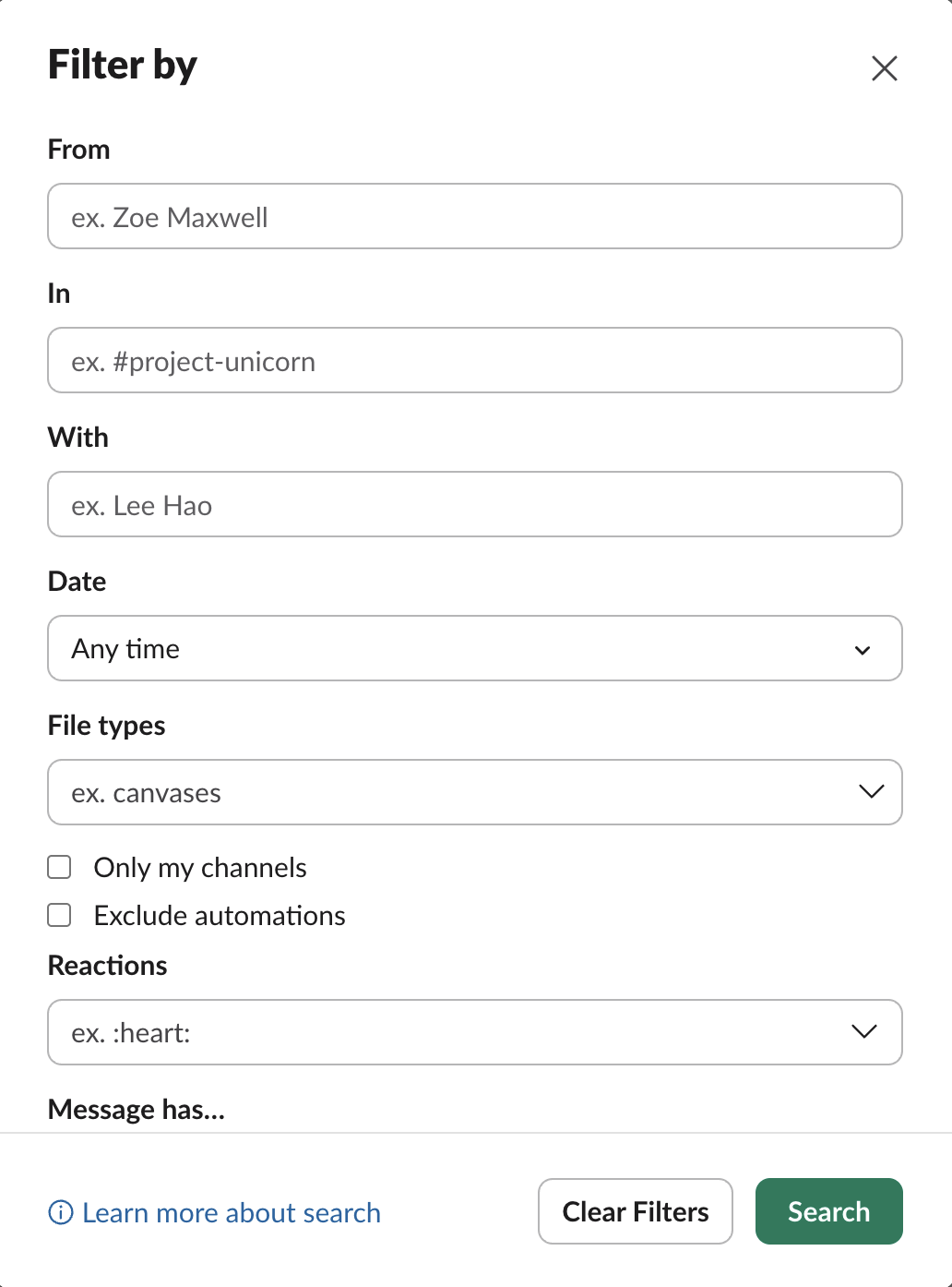 Search filters in Slack
