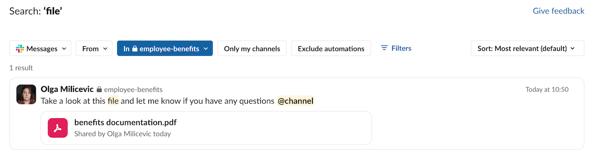 Search filters in Slack