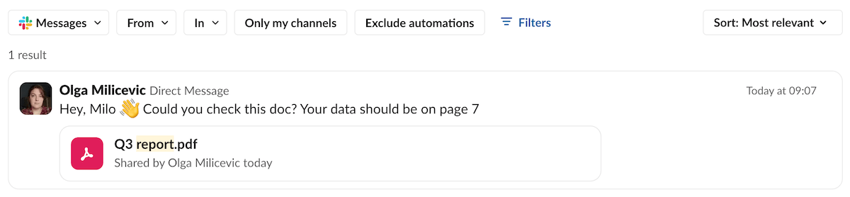Search filters in Slack