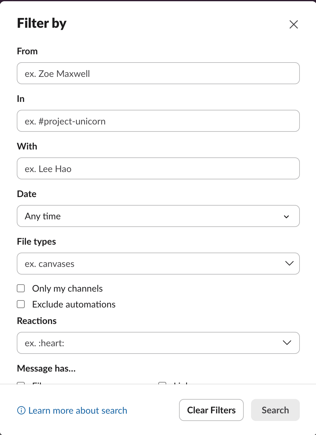 Search filters in Slack