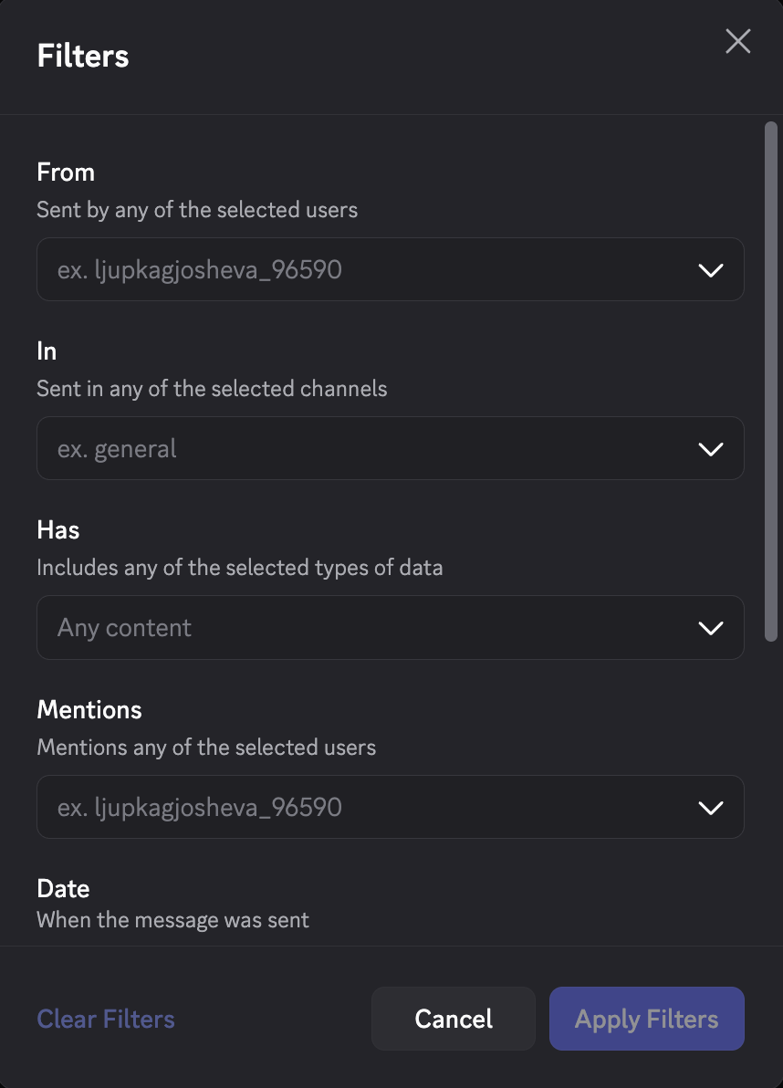 Search options in Discord