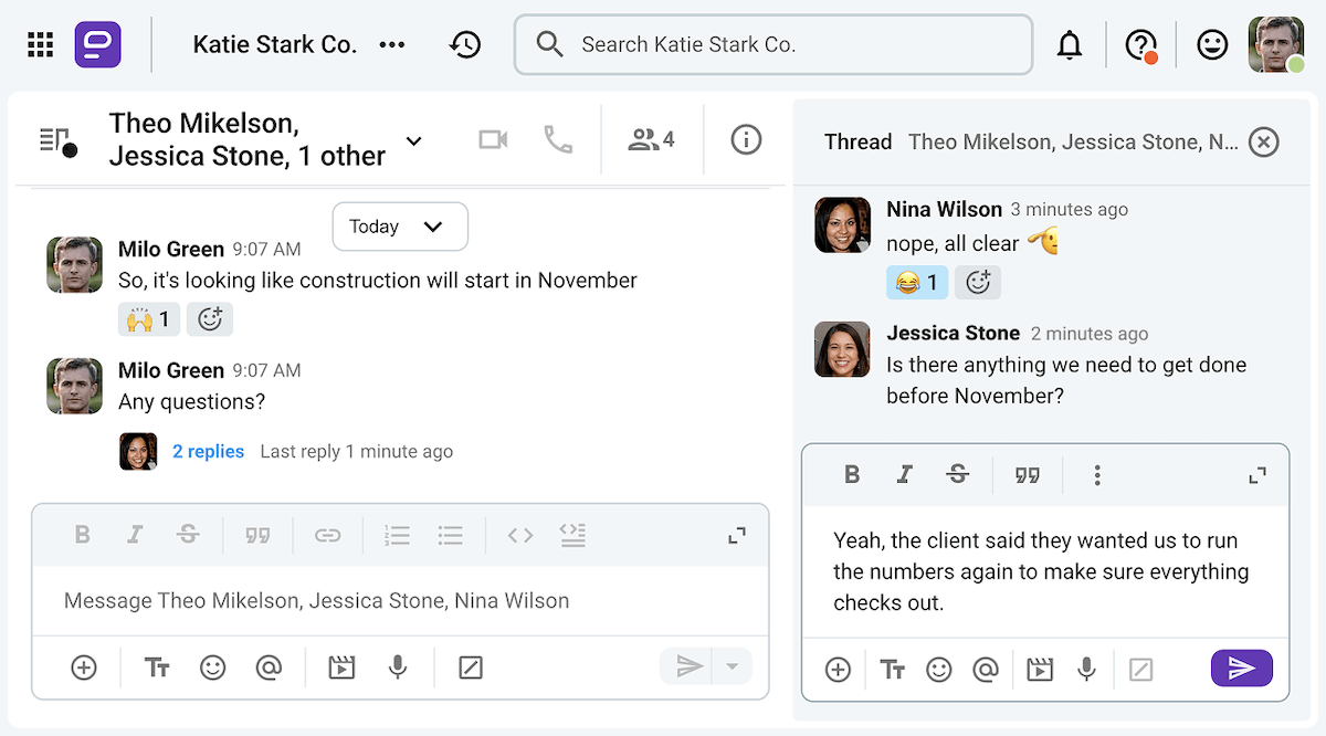 Seeking and providing feedback, asking open-ended questions, and delivering follow-up information on Pumble, a team communication app