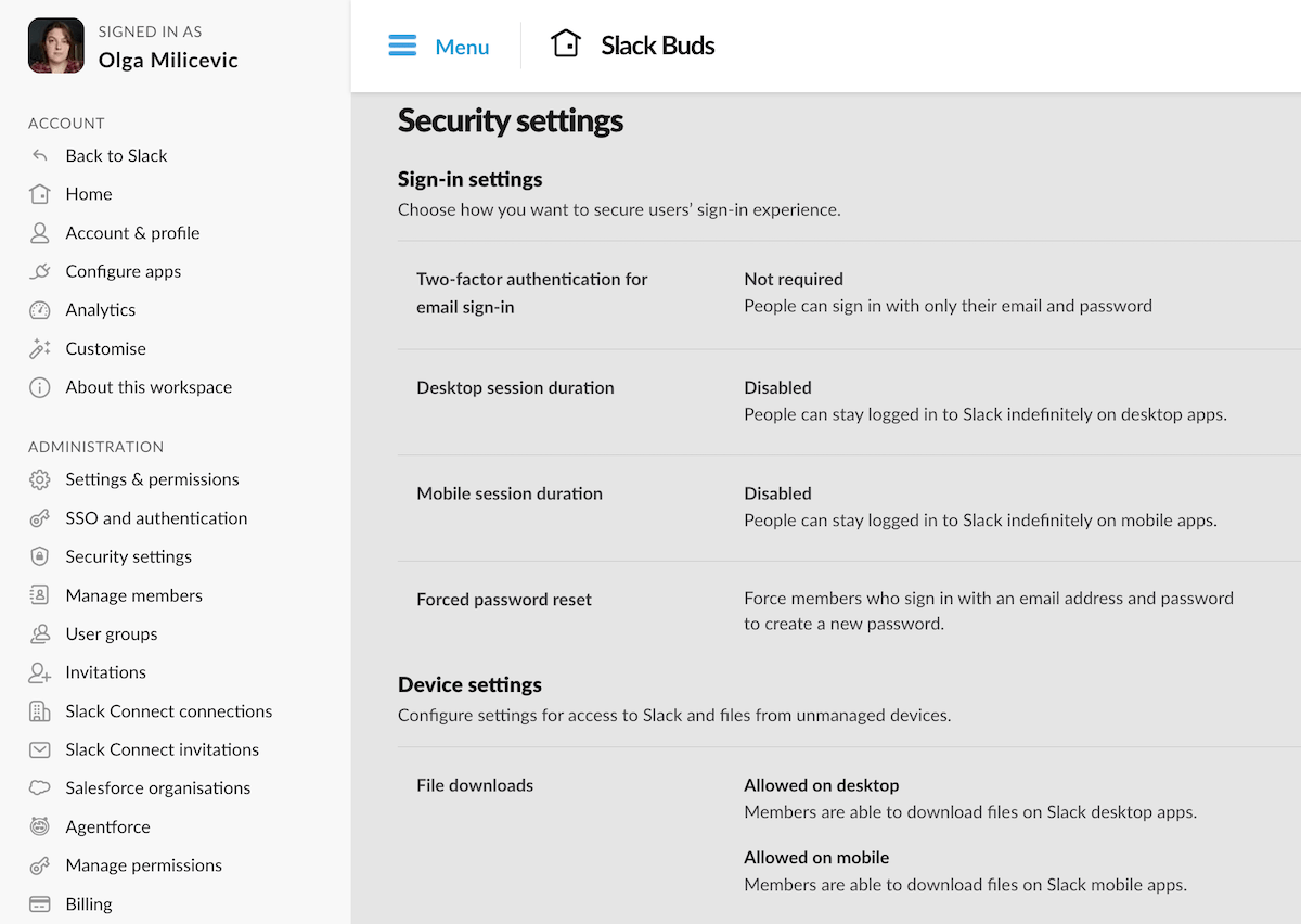 Slack administrator settings