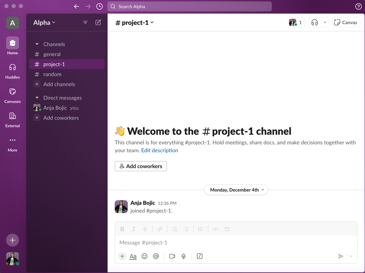 Slack's dashboard view