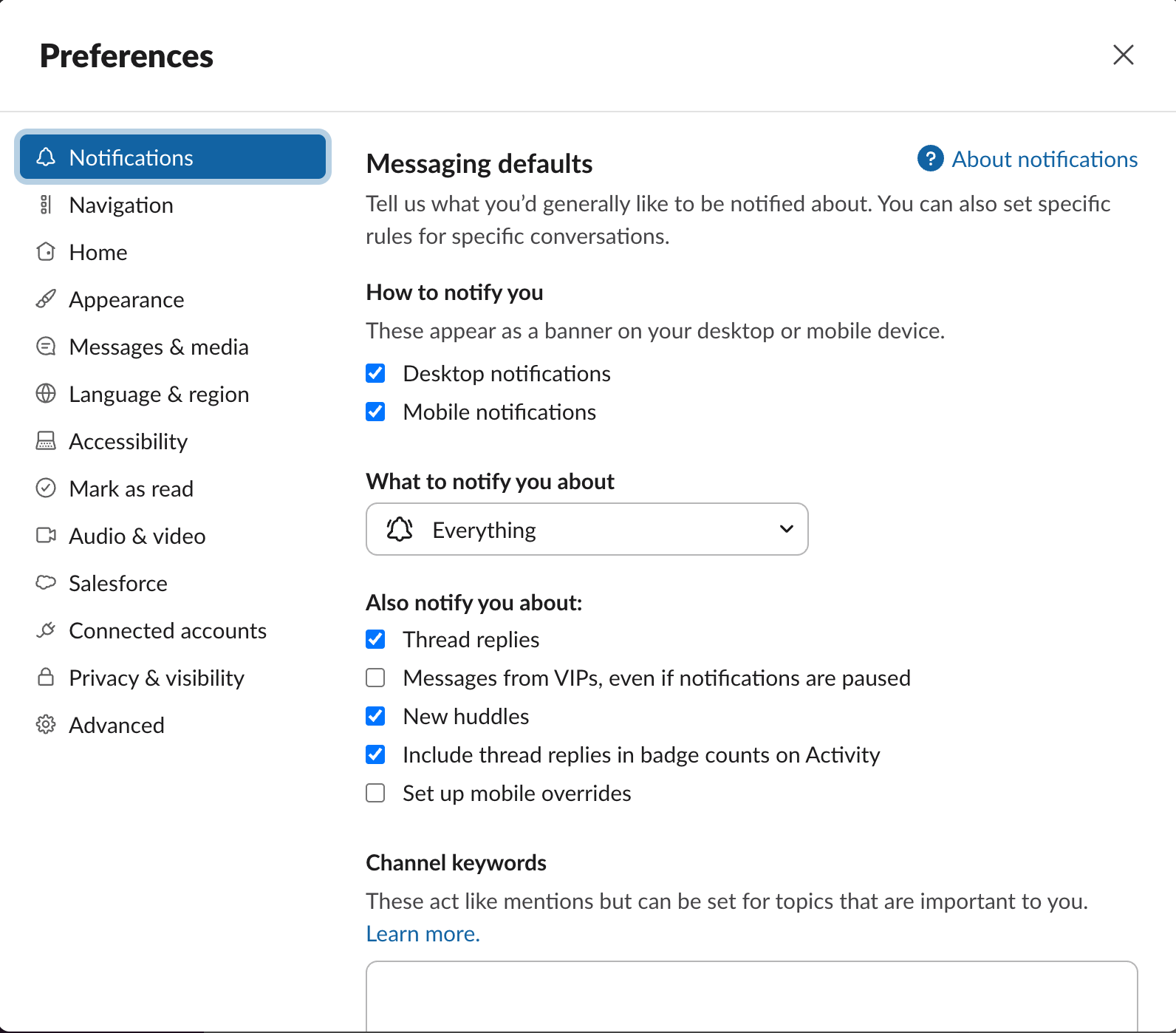 Some notification settings in Slack