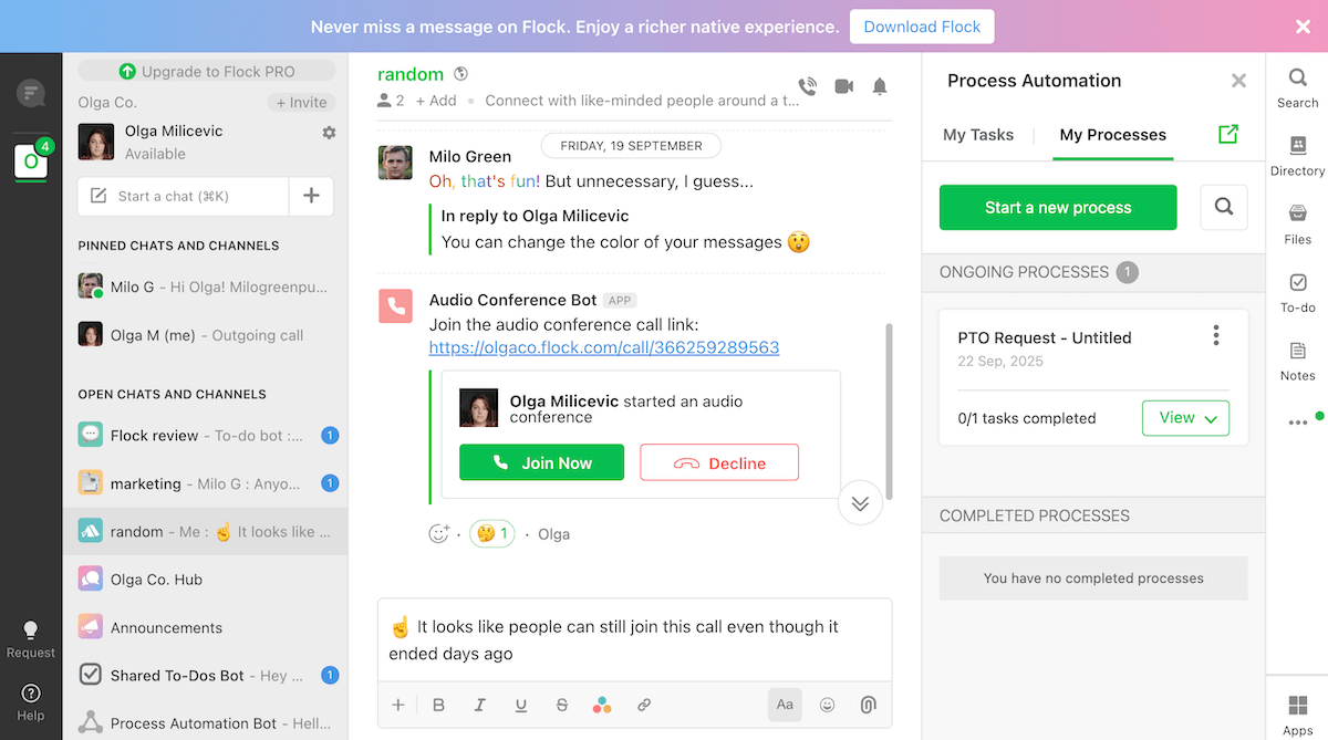 Text color customization, conference bot, and process automation in Flock
