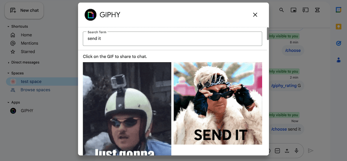 The Giphy integration in Google Chat