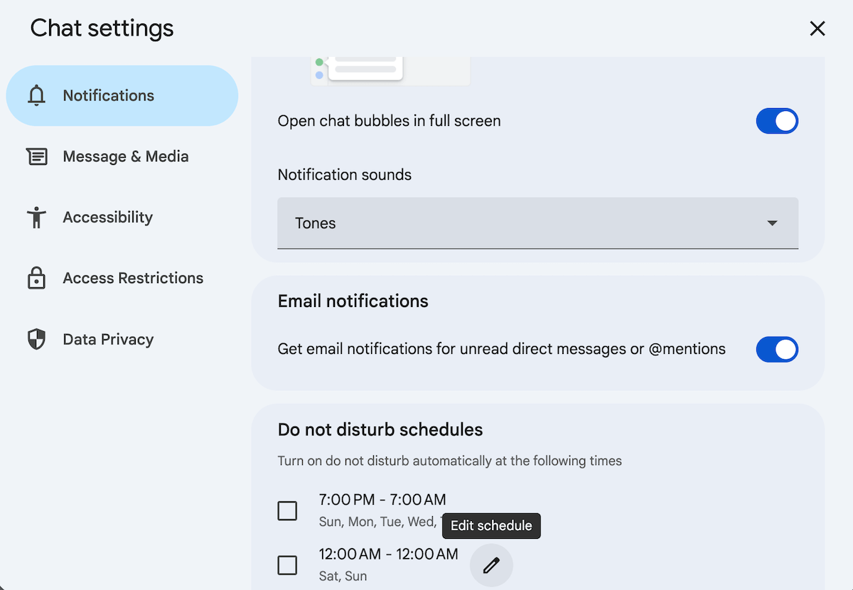 The notification settings in Google Chat