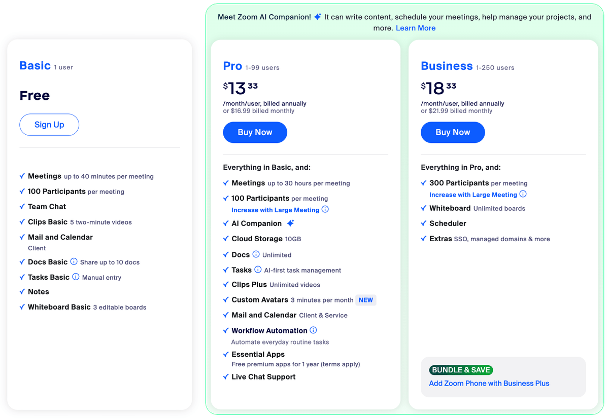 Zoom pricing plans