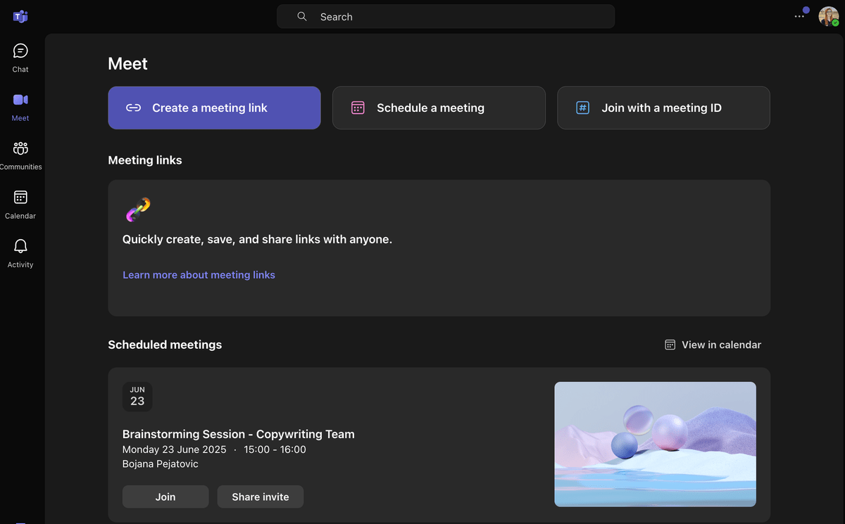 MS Teams interface