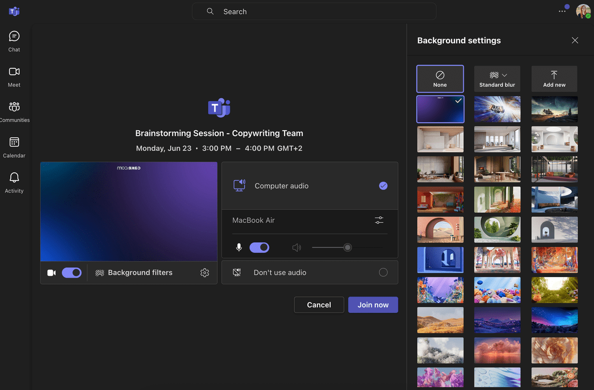 MS Teams virtual background selection
