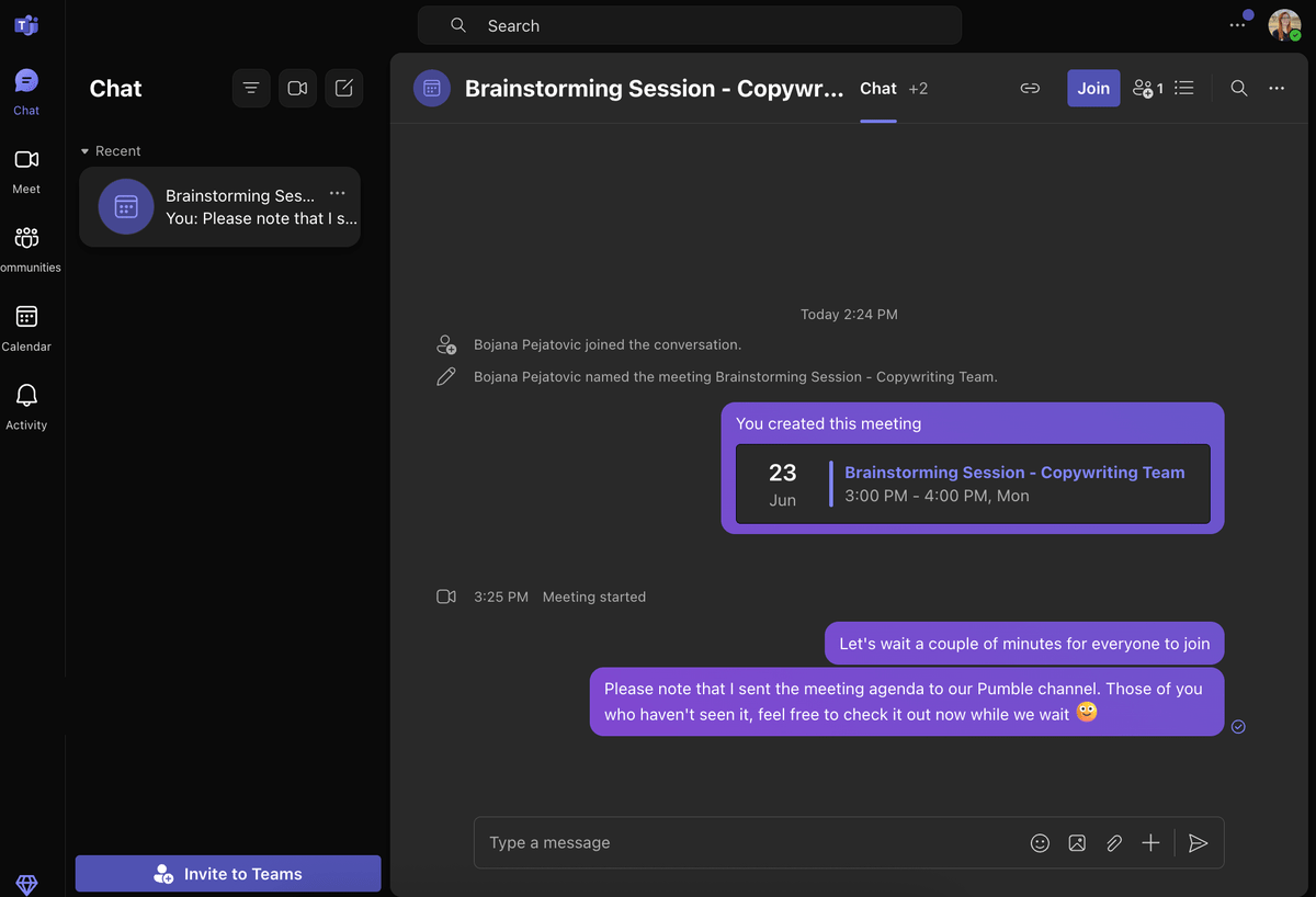 In-meeting chats are saved as direct messages on MS Teams