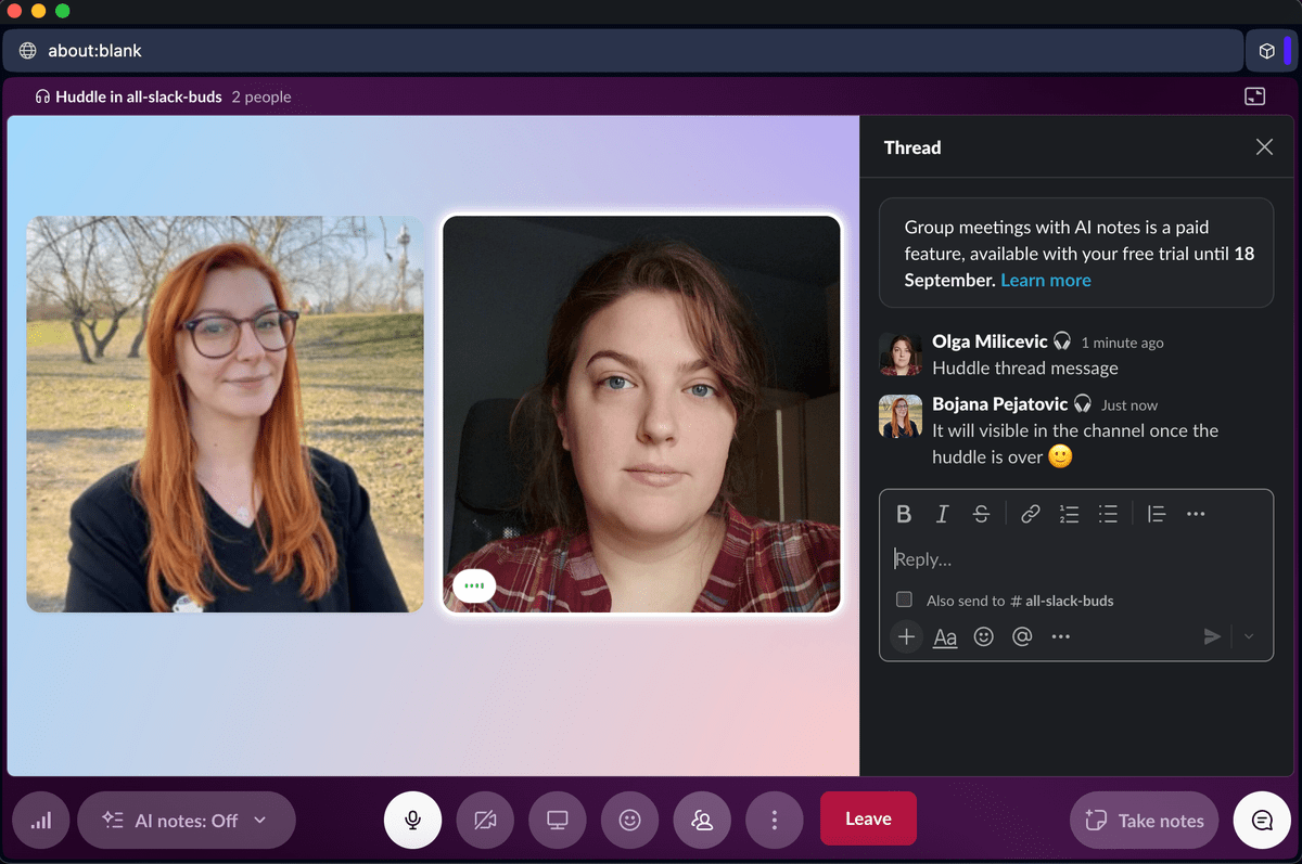 A huddle started in a Slack channel