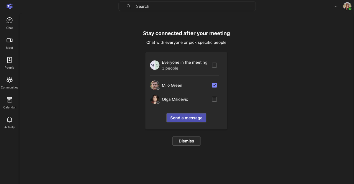 After meeting pop up window on MS Teams