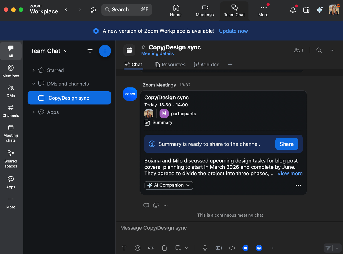 All notes, messages, files, and summaries for each meeting are saved in one spot named after the meeting title
